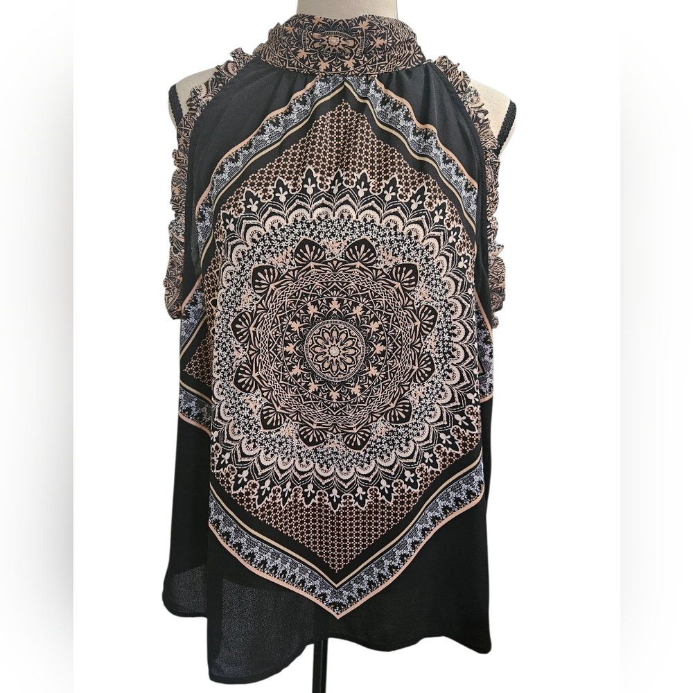 1. State Black Cream Mandala Blouse Sz XL Tie Back Sleeveless